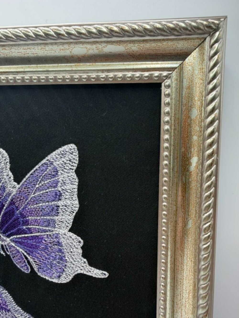 Homemade Purple & Green Butterfly & Flower 8X10 Framed Embroidery Art - Picture 3 of 6